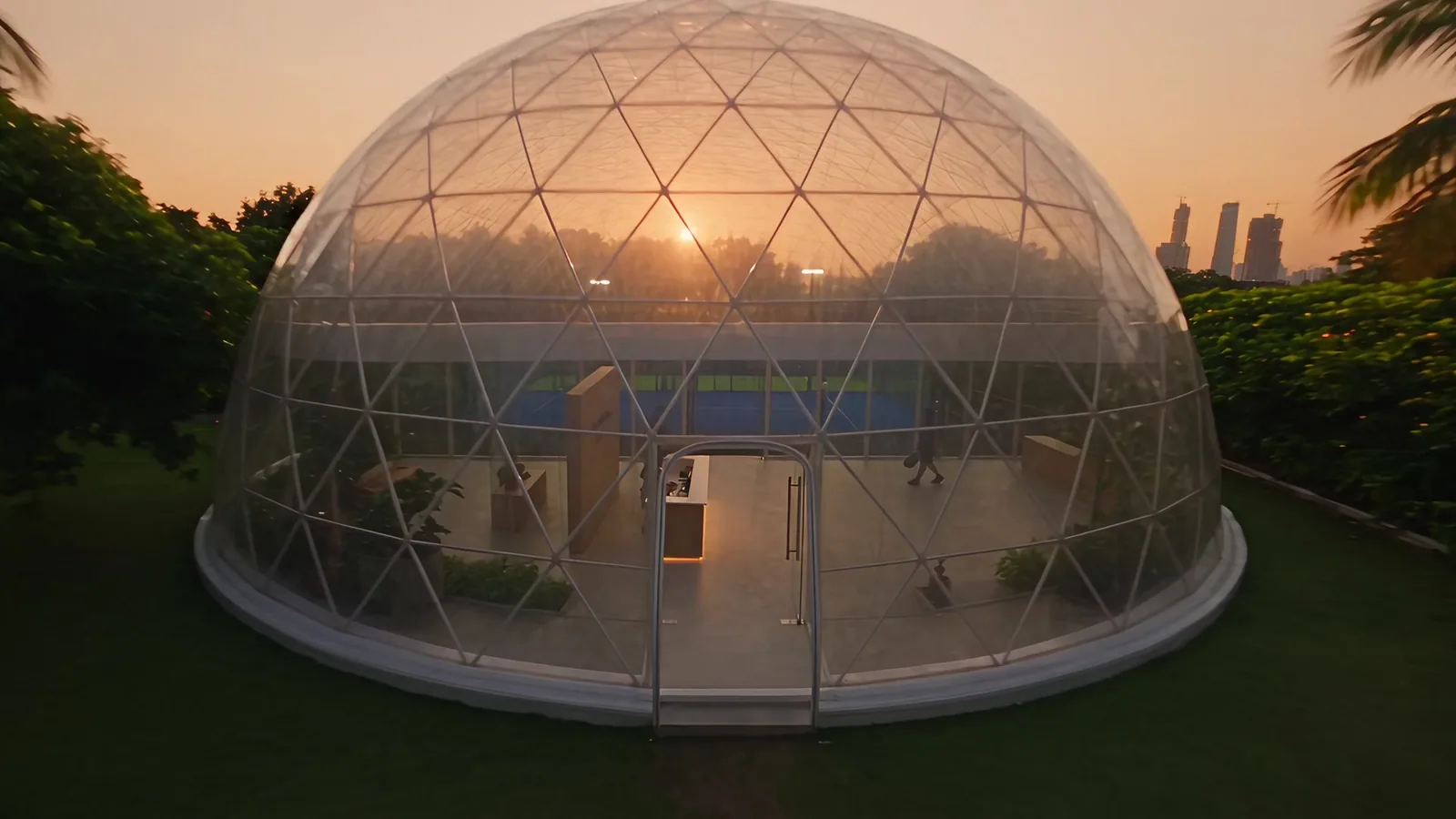 The entrance of the Padelion glass dome